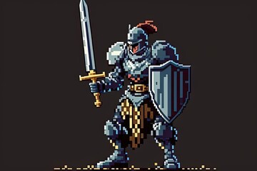 Sticker - a pixel art of a knight holding a sword and a shield