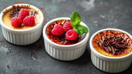 Wall Mural - Three creme brulee servings, topped with raspberries, mint, and chocolate, in white ceramic ramekins