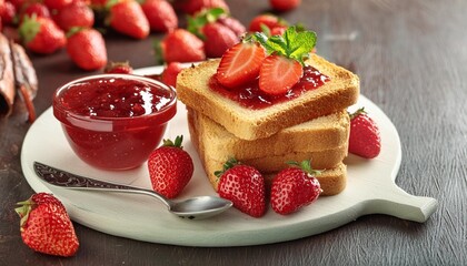 Wall Mural - toast with strawberry jam and fresh strawberries