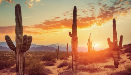 Wall Mural - cactus and desert sunset vintage style vertical poster