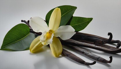 Wall Mural - vanilla flower pods leaves isolated on white