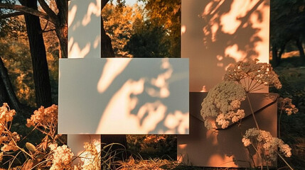 Autumn Leaves Cast Shadows on White Panels in a Forest