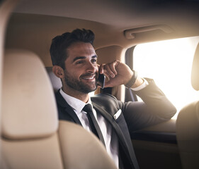 Poster - Business man, passenger and phone call for transportation service, trip or travel with car or luxury chauffer. Corporate lawyer talking on mobile for communication, contact or chat on drive to work