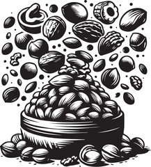 Nuts Vector Illustration Silhouette. Plant based diet ingredients Almond Walnut