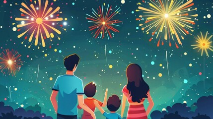 Cartoon family watching fireworks on a summer night, with colorful bursts lighting up the sky.