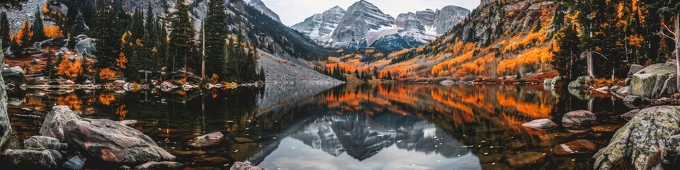 Wall Mural - High-Resolution AI-Generated Wallpaper of Rocky Mountain Lake in Beautiful Autumn Scenery with Towering Cliffs and Clear Dark Waters, Reflecting Nature's Seasonal Changes,No one, vacation, vacation, h