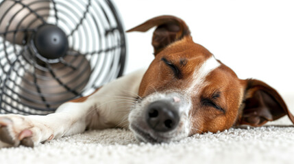 Cute dog laying on the carpet near floor fan, heat in the city illustration