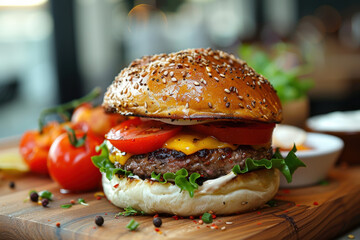 A juicy cheeseburger on a sesame seed bun with lettuce, tomato, and onion sits alone on a wooden table