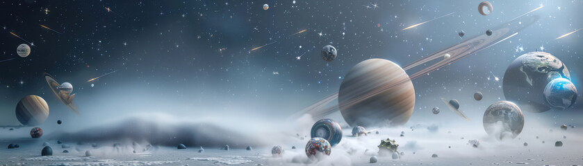 Wall Mural - A space scene with a large planet in the middle