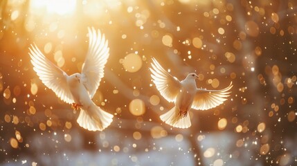 Two White Doves Flying in a Golden Light