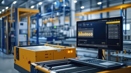 Poster - Industrial Automation Control System Display. Modern industrial control system displaying real-time data and analytics in a high-tech manufacturing facility with automated machinery.
