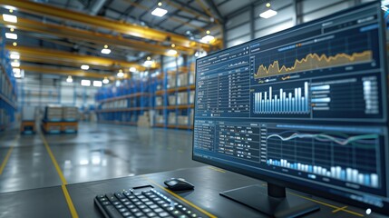 Poster - Warehouse Management Software Interface. Warehouse management software interface showing inventory and performance data in a large, organized warehouse with automated systems.