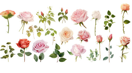 Wall Mural - set of watercolor rose painting isolated on clear png background and transparent background. fresh a