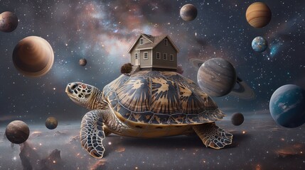Wall Mural - A turtle is on top of a house and a bunch of planets