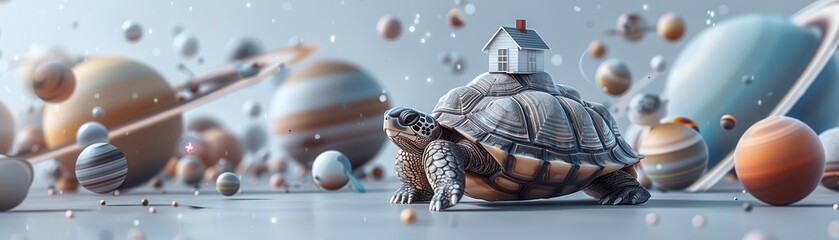 Wall Mural - A turtle is on top of a house and is surrounded by many different sized balls