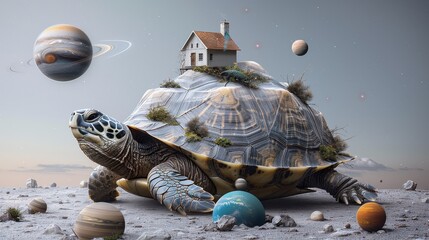 Wall Mural - A turtle is on top of a house and surrounded by planets