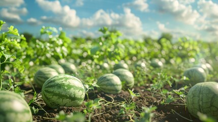 watermelon patch with ripe melons ready for harvest, showcasing summer crops and agricultural abunda