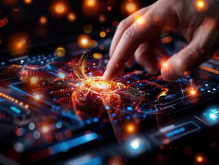 Aufkleber - A hand is pointing at a glowing screen with a blue and red background