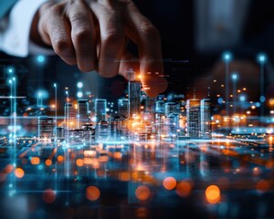 Aufkleber - A hand is pointing at a cityscape with a glowing skyline