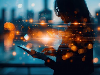 Aufkleber - A woman is using a tablet to type on a screen with a blurry background