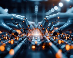 Aufkleber - Two robotic hands are working together on a computer keyboard