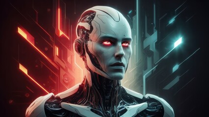 Poster - A robot with glowing eyes and a futuristic background, AI