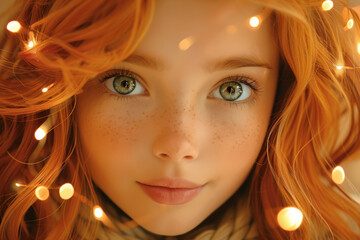 Wall Mural - Close-up of a young woman with freckles and red hair surrounded by glowing lights.