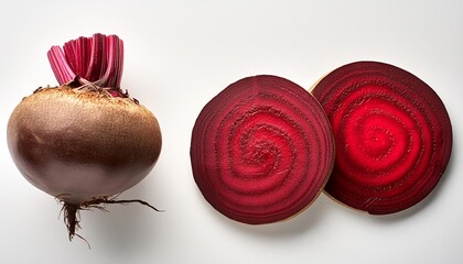 Wall Mural - whole and sliced common beet isolated on white background top view