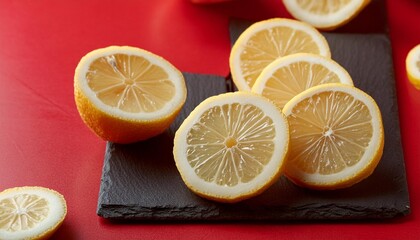 Wall Mural - slices of ripe bright lemon on a red background