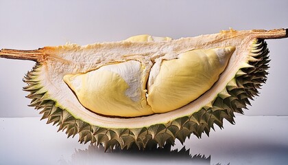 Wall Mural - fresh cut durian on a white background king of fruit from thailand close up