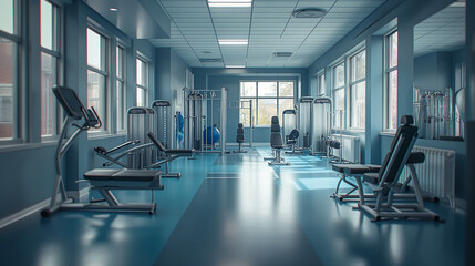 Wall Mural - A rehabilitation gym within the hospital where patients work with physical therapists to regain strength and mobility, emphasizing recovery and perseverance