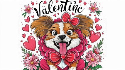 Poster - A cartoon dog with a bow and flowers on its head, AI