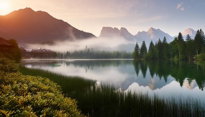 Wall Mural - breathtaking landscape with misty lake in mountains background 16 9 widescreen backdrop wallpapers