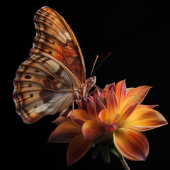 Wall Mural - A stunning butterfly delicately perched on a vibrant flower against a dramatic black background