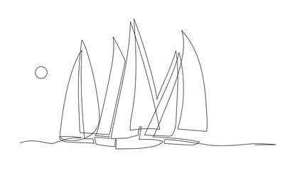 Wall Mural - Yachts on sea waves. Seagull in the sky. Continuous line  drawing illustration. Isolated on white background