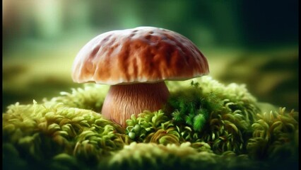 Wall Mural - A single mushroom sitting on top of moss covered ground. Perfect for nature and mushroom enthusiasts