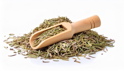 Wall Mural - pile of dried rosemary leaves with wooden scoop isolated on white background