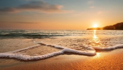 Wall Mural - peaceful nature scenic relax paradise amazing closeup view of calm ocean bay waves with orange sunrise sunset sunlight tropical island vacation holiday beach landscape exotic sea shore coast