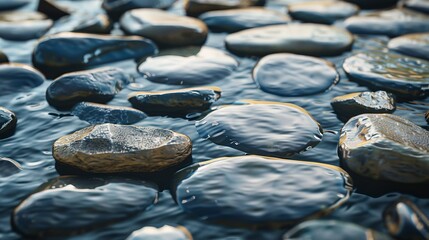 Poster - Perfectly round stones floating gently on the moving water surface under natural light, highlighting the tranquility and simplicity of nature's beauty.