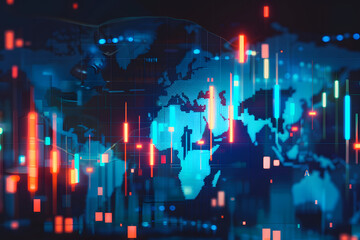 Wall Mural - Creative glowing blue candlestick forex chart and map on blurry background. Financial growth, stock and exchange concept. 3D Rendering.