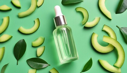 Wall Mural - cosmetic hydrating serum in a glass bottle with pipette close up hyaluronic acid on the green background top view with slashes