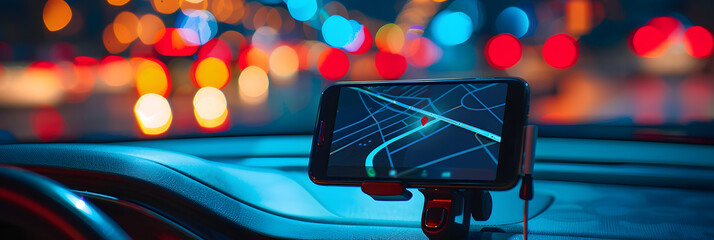 empty screen blank display of car dashboard smartphone mobile holder using navigation gps maps system concept with HUD and hologram screens and infotainment app user interface wide banner