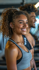 Smiling athletic woman in gym with fit man, fitness enthusiasts, healthy lifestyle