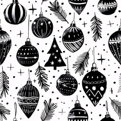 Aufkleber - A seamless pattern with Christmas ornaments and wrapping paper in monochrome, creating a chic and sophisticated holiday look