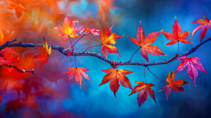 Wall Mural - vibrant autumn leaves on branch with colorful background, nature art
