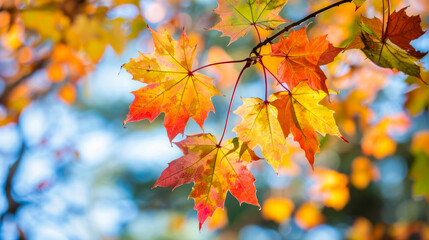 Wall Mural - vibrant autumn leaves on a tree branch with a blurred background, showcasing the beauty of fall foli