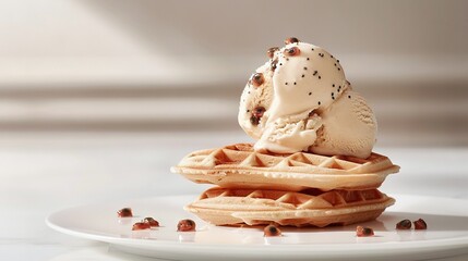 Poster -   A white plate holds a tall stack of waffles, each drizzled with whipped cream and sprinkled with chocolate