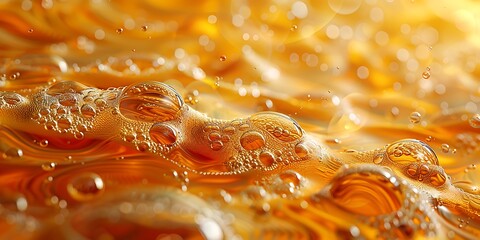 Abstract background of golden beer foam and bubbles in macro