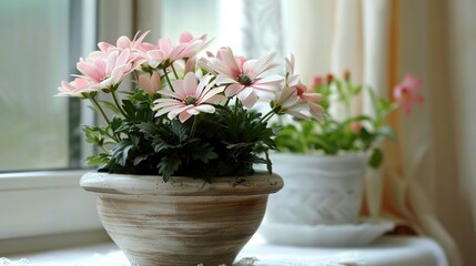 Sticker -   A close-up of a potted plant with pink flowers on a window sill, facing the window