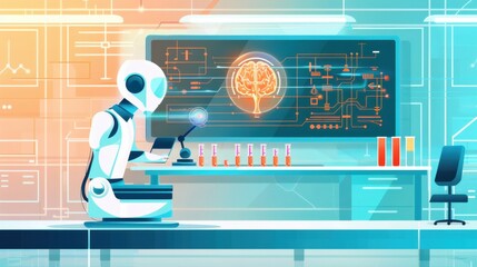 Poster - AI in laboratories, advanced research equipment, flat design illustration